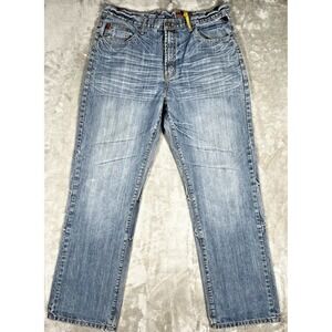 Chams Jeans Vintage mens whiskers Washed Straight Leg Jeans 35x32 flap READ